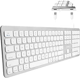 Teclado Macally Ultra Slim USB com fio para Mac – Conveniente Hub de 2 portas USB com 20 teclas de atalho – Teclado Mac de tamanho completo com teclado numérico – Plug & Play para MacBook Pro/Air, iMac – Moldura de alumínio