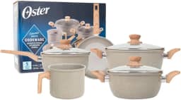 OSTER JOGO DE PANELAS E LEITEIRA MARBLE EDITION CINZA DUST – 5 PEÇAS COM REVESTIMENTO CERÂMICO ANTIADERENTE, ALÇAS EM SILICONE ANTITÉRMICO E BASE COMPATÍVEL COM INDUÇÃO