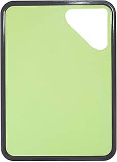 Tábua de Corte Antiderrapante Verde com Cinza, antibacteriana e livre de BPA (atóxica) com abertura para transferência de alimentos.