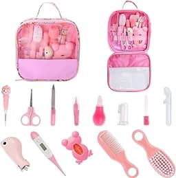 Kit Higiene Bebe Recém Nascido,Estojo Cuidado Bebê com 13 em 1 com Tesoura, Pente para Bebe, Termômetro, Cortador de Unhas, Lixa de Unhas e outros Kit Maternidade- Linha Premium (Rosa)