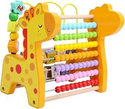 Ábaco de Madeira Infantil 7 Linhas com Contas Coloridas Brinquedo Educativo de Matemática (Girafinha Amarela)
