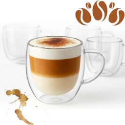 Kit 4 Xicara Vidro Dupla Parede 250ml Alça Café Expresso Borossilicato Térmica Latte Transparente Parede Dupla Cappuccino Mantém Café Quente Sem Esquentar as Mãos Caneca