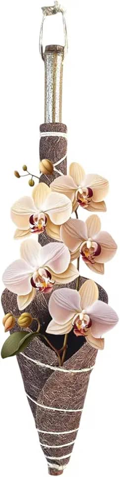 Vaso Planta Orquídeas Fibra De Coco Natural Com Suporte De Bambu
