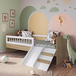 Cama Montessoriana de Solteiro com Escada e Escorrega Linha Affetto Aveiro e Branco