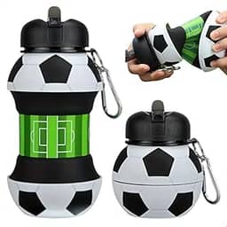 Garrafa Dobrável Infantil 500ml Silicone Retrátil Portátil Tema Bola de Futebol Antivazamento