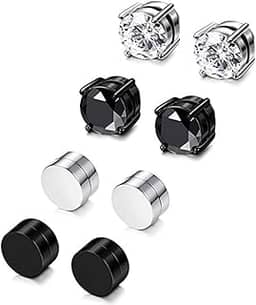 4 pares de brincos magnéticos de aço inoxidável para homens e mulheres brincos de zircônia cúbica sem piercing de 6 mm (4 pares por conjunto, 6 mm, preto + prata), Aço inoxidável
