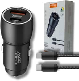 Carregador Veicular Turbo 60W Pro, Kit com Cabo USB-C. Duas portas USB 3.0 + USB-C, Led, Carregamento Rápido 9.1A Fast Charge Carro/Automotivo Compatível com IOS e Android – Premium (Preto)