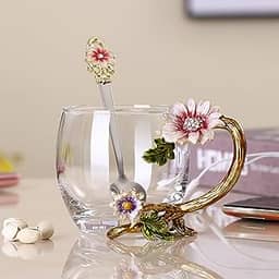 JY-Danbady Conjunto de xícara de chá de vidro sem chumbo e cristal de girassol esmaltado, presente para o Natal, Dia dos Namorados. Melhor presente para mãe, avó, namorada, irmã.