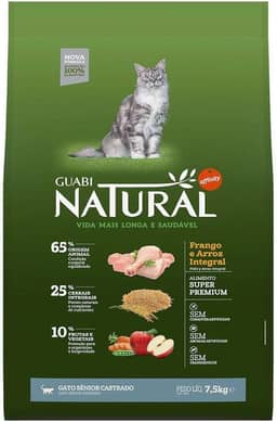 Ração Guabi Natural Gatos Sênior Castrados Frango e Arroz Integral 7,5 kg, Verde
