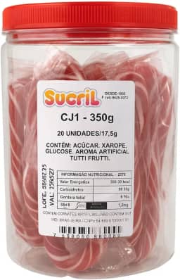 Pirulito de Bengala Comestivel Sabor Tutti Frutti Natal com Listras Vermelhas e Brancas Pote com aprox. 20 unidades 350g - bengala natalina