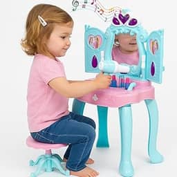 Penteadeira Infantil com Espelho Sensor Luz Música Bancada Secador e Acessórios de Brinquedo