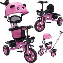 Triciclo Carrinho de Passeio 2 em 1 Infantil Assento Giratório 360° com Capota Solar Porta Objetos até 50kg Haste Empurrador Cestos e Rodas de EVA INMETRO (Rosa)