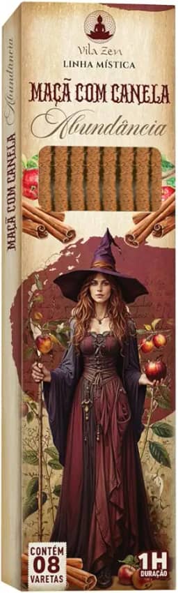 Incenso Vila Zen Linha Mística Bruxas, Incenso Natural Sem Carvão - Caixinha com 8 Varetas cada (MAÇÃ COM CANELA - Abundância)