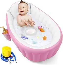 PandaEar Banheira Inflável Para Bebês, Portátil Viagem, Bebês Com Bomba De Ar, Minipiscina Dobrável Antiderrapante Recém-Nascidos (Rosa)