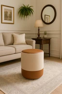 Puff Plus Banquinho Redondo Decorativo em Linho Base e Tampo Courino Bege/Caramelo - PC MÓVEIS