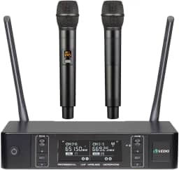 VEDO Sistema de microfone sem fio, microfones sem fio duplos com 2 microfones de mão, busca automática de frequências, 2x100 frequências UHF, alcance de 60 m, microfone dinâmico para canto