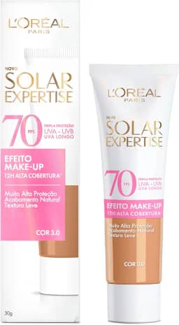 L'Oréal Paris Solar Expertise Efeito Make-Up, Protetor Solar com Cor FPS 70, Cobertura de Maquiagem por até 12h, Tripla Proteção Solar contra raios UVB, UVA, UVA Longo e Luz Visível Cor 3.0, 30g