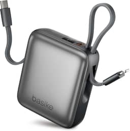 Basike Carregador Portátil 10000mAh, Mini Power Bank com Cabos Integrados, Carregamento Rápido 22.5W(MAX), Pequeno, Led Indicador de Bateria para iPhone/Samsung/Huawei/Xiaomi, etc (Cinza)