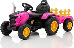 Trator Elétrico Infantil 12V Controle Remoto Som Luz e Carreta (Rosa)