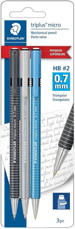 Staedtler Triplus Micro, lapiseira com borracha de torção, pacote com 3, para desenho, engenharia, grafite de 0,7 mm, 77427BK3A6