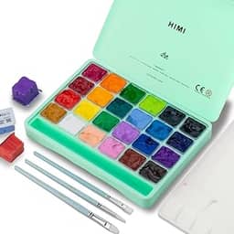 Conjunto de tinta guache HIMI, 24 cores x 30 ml com pincéis e paleta, design de copo de gelatina, não tóxico, perfeito para iniciantes, estudantes, artistas (verde)