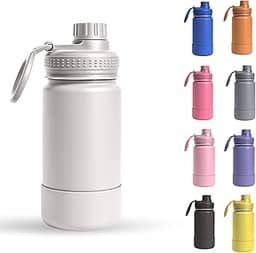 Garrafa Térmica Infantil - 350ml, Aço Inox 304 Parede Dupla de Isolamento 24horas Gelado, Tampa Rosca De Segurança, Anti Vazamento, Base Silicone AntiDerrapante, BPA Free (Branco)
