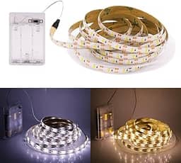 Fita Super Led 2m Metros 120 Leds Branco Quente Ou Frio Sem Fio Alimentação 3 Pilhas AA Autoadesiva Cordão Luminoso Luz Decoração Casa Quarto Cozinha (Branco Quente)