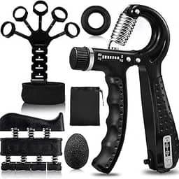 Hand Grip 5kg a 60kg + Extensor de Dedos + Anel de Resistência + Ovo Antiestresse + Exercitador de Mãos + Bolsa - Kit Fortalecedor de Mãos, Punho, Antebraço, Fisioterapia e Reabilitação