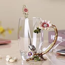 JY-Danbady Caneca de Vidro Sem Chumbo e Cristal de Girassol Esmaltado, Presente para o Natal, Dia dos Namorados. Melhor Presente para Mãe, Avó, Namorada, Irmã. 350 ml