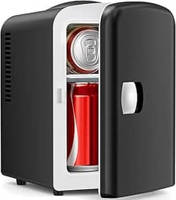 Electactic Geladeira compacta, mini geladeira portátil, capacidade de 4 L, 6 latas, para quarto, carro, escritório e dormitório, geladeira pequena para cosméticos, bebidas e alimentos, preta
