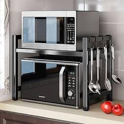 inthome Suporte de prateleira de micro-ondas de 2 níveis, rack de armazenamento de altura ajustável, bancada expansível para forno de micro-ondas, aço carbono, 6 ganchos e suporte de tábua de corte