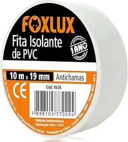 Fita Isolante Foxlux – PVC Antichamas – 10m x 19mm – Espessura: 0,15mm – Alta Elasticidade – Isola fios com tensão até 600V – Branca