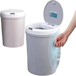 Lixeira Inteligente 5L Sensor de Proximidade, abre/fecha automático, USB recarregável. Compacta, Higiênica (18x21,5cm), ideal para cozinha, banheiro e fraldário. Design cinza neutro.
