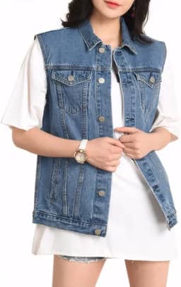 Jaqueta jeans feminina lavada com botões grandes sem mangas