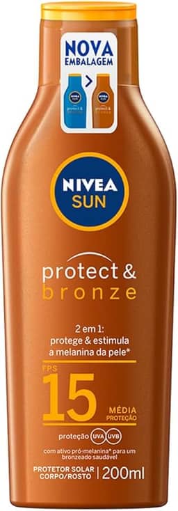 NIVEA SUN Protetor Solar Protect & Bronze FPS15 200ml - Com ativo de pró melanina, resistente à água, protege dos raios UVA/UVB, ajuda a manter a cor bonita e uniforme por mais tempo
