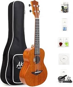 AKLOT Ukulele de mão esquerda para concerto, mogno sólido, 58 cm, Uke com tutorial gratuito e kit para iniciantes (bolsa para presente, palhetas, afinador, alça, corda, pano de limpeza, manual de iniciantes)