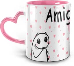 Caneca de Cerâmica Decorativa Amiga, Você é Meu Mundo, Tão Querida, 300 ml, Branca e Rosa