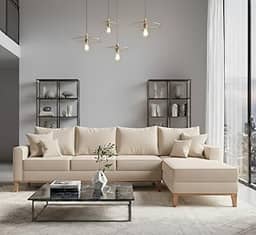 Sofá Beny com Chaise Direita, 2,60x1,40m, 4 Lugares, Linho, Base em Madeira. (Cru)