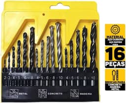Jogo De Brocas Kit 16 Peças Com Estojo Madeira Ferro Concreto Metal Vidro Aço Para Furadeira e Parafusadeira