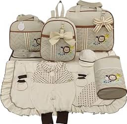 KIT BOLSA MATERNIDADE 5 PEÇAS SAFARI BABY + SAIDA MATERNIDADE MENINO. (Bege)