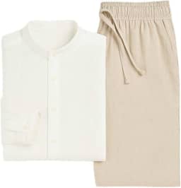 Kit Masculino de Linho Premium – Bata com Gola Padre e Calça Social Casual Elegante