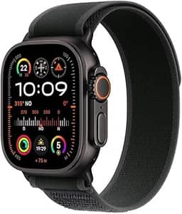 Apple Watch Ultra 2 GPS + Cellular • Caixa preta de titânio – 49 mm • Pulseira loop Trail preta – M/G