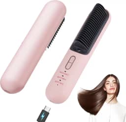 TANSHINE Escova Alisadora De Cabelo Sem Fio Para Viagem, Pente Alisador Pequeno Portátil Usb-C Mulheres, Mini Quente Recarregável, Ferramentas Modelagem Aquecidas Anti-Queimaduras, Rosa