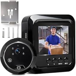 Olho Mágico Digital, Olho Mágico com Câmera, Visor Digital de Porta, Olho Mágico, Ecrã de Alta Definição de 2,4 Polegadas, Visão Noturna, Sessão de Fotos​, Campainha digital olho de gato Preto