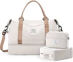 Bolsa de viagem feminina, bolsa de viagem para o fim de semana com compartimento para sapatos, bolsa de viagem para itens pessoais, conjunto de 3 peças, Bege e marrom