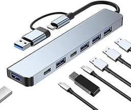 Hub USB 7 em 1 com USB 3.0 e Tipo C - Expansão Versátil com 5Gbps - Compatível C/MacBook, PC, Laptops, Pen Drive, Mouse, Teclado - Ideal para Transferência de Dados e Conexão de Múltiplos Dispositivos