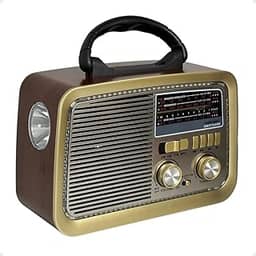 Rádio Am Fm Retro Vintage Recarregável Bivolt Pilha Tomada e Bateria Lanterna (Marrom)