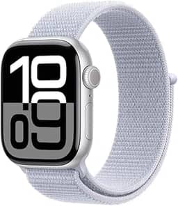 Apple Watch Series 10 GPS • Caixa prateada de alumínio – 42 mm • Pulseira loop esportiva nuvem azul