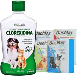 Kit tratamento sarna Canina, Micose, Coceira. Dogmax 4 comprimidos 5kg + Shampoo clorexidina (Cães de 7kg a 15kg)