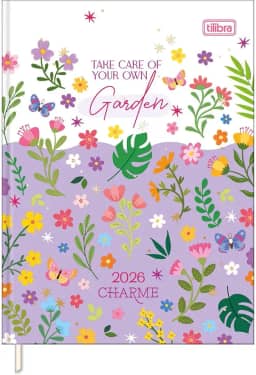 Tilibra - Agenda Costurada Diária 12,3 x 16,6 cm Charme 2026 - Flores fundo branco e roxo